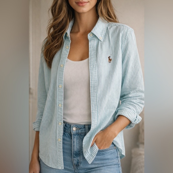 Ralph Lauren Tops - Ralph Lauren Slim Fit Turquoise White Striped Oxford Button Down Shirt Women’s 8